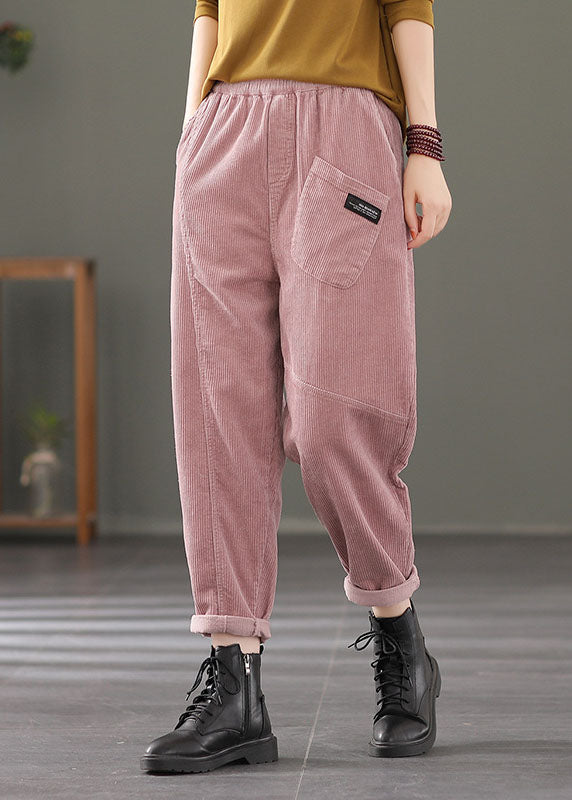 Plus Size Pink elastic waist Pockets Patchwork Corduroy harem Pants Spring